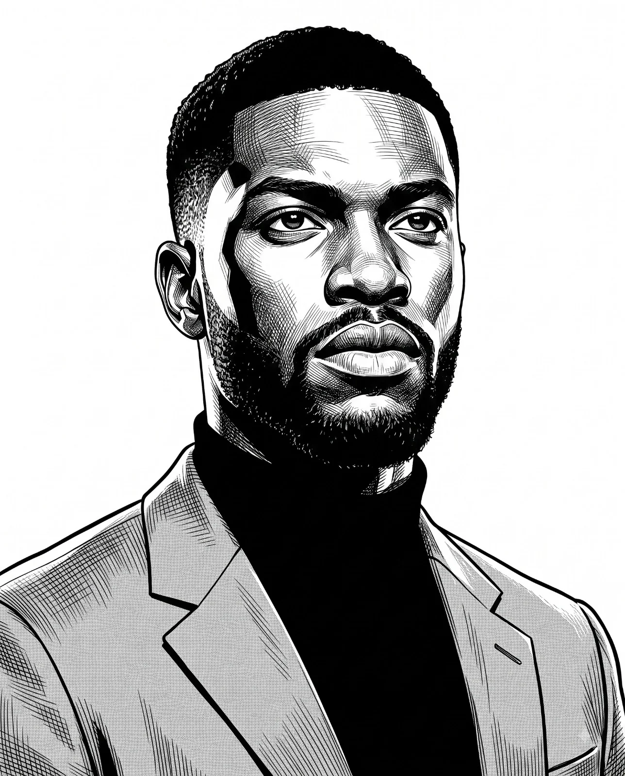 Black-and-white ink drawing of a serious man in a blazer and dark turtleneck