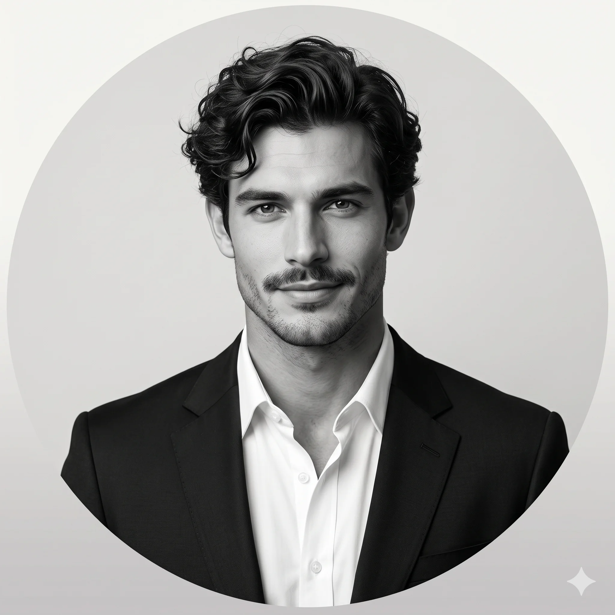 Professional man in a dark suit centered in a circular black-and-white LinkedIn headshot