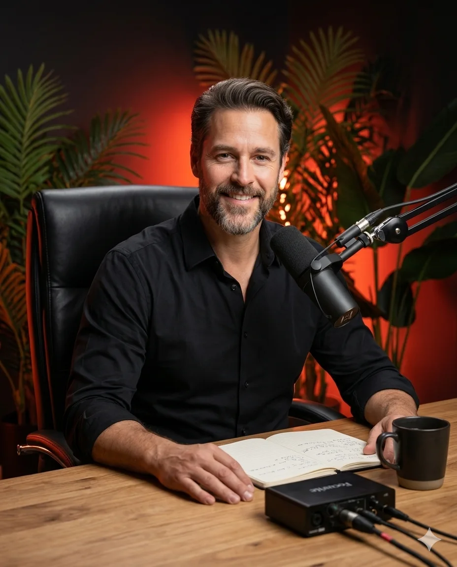 Podcast host seated at a wooden desk with a microphone in a red-lit studio