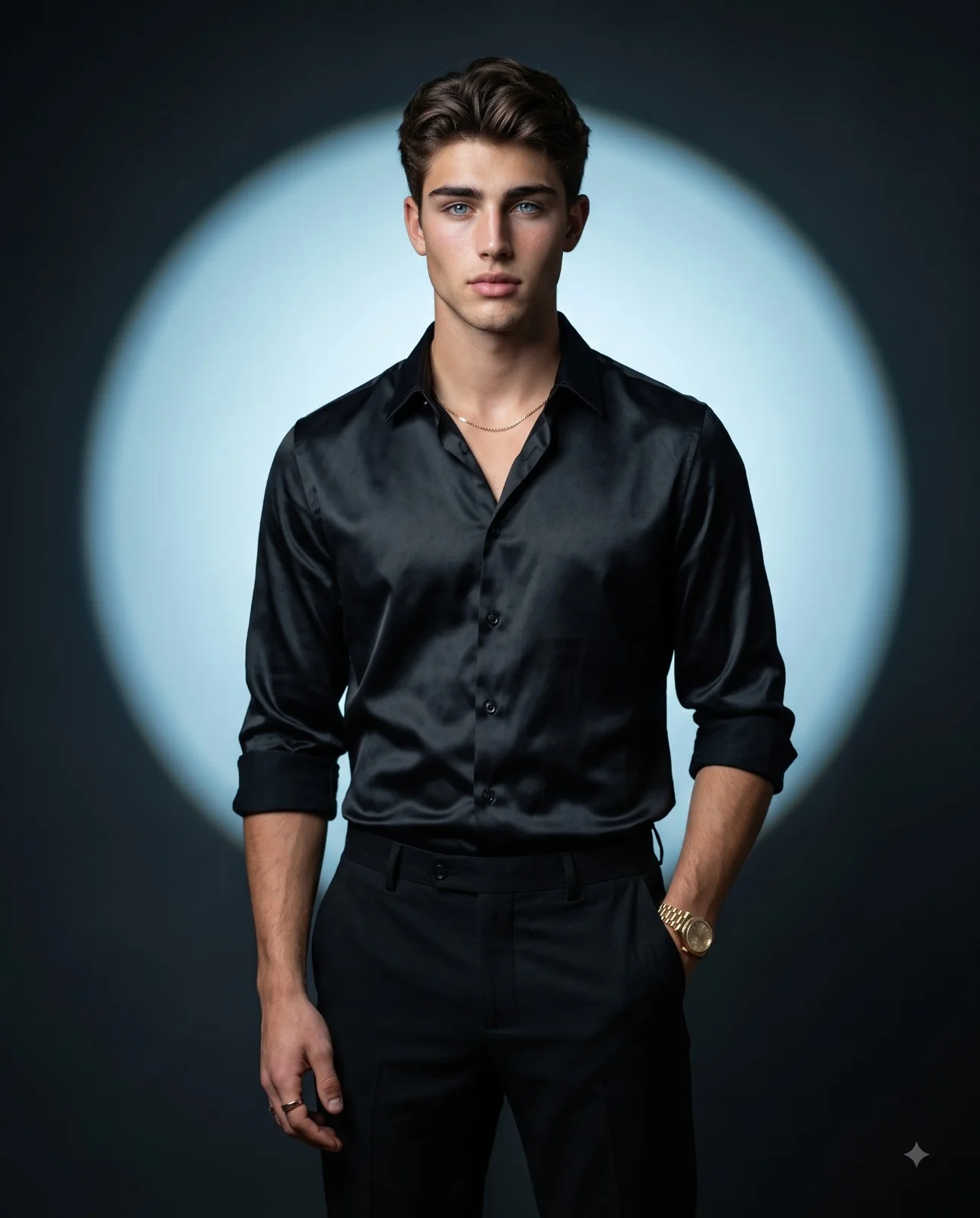 Stylish man in a black satin shirt standing before a pale blue circular spotlight