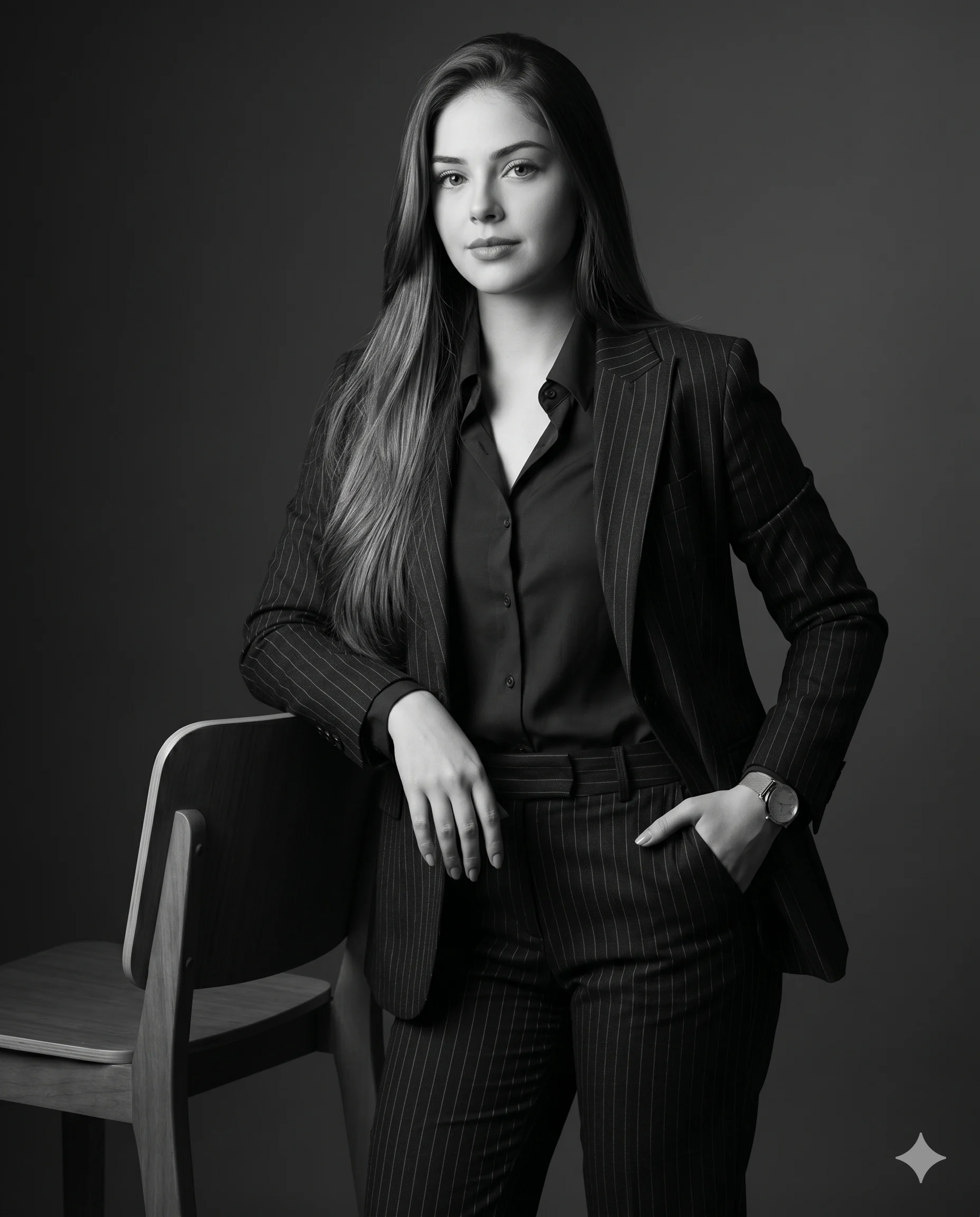 Black-and-white portrait of a woman in a pinstripe suit leaning against a wooden chair