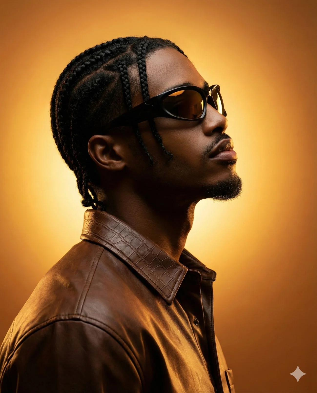 Man in brown leather and black sunglasses shown in profile against a golden background