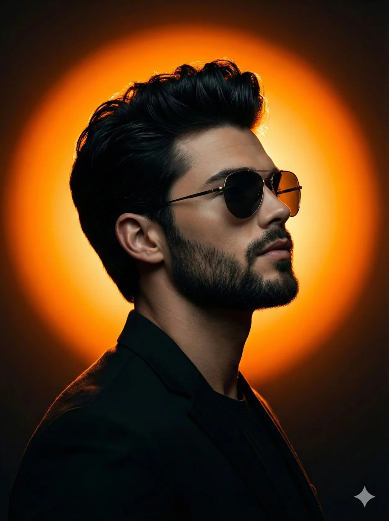 Bearded man in aviator sunglasses shown in profile before an orange halo