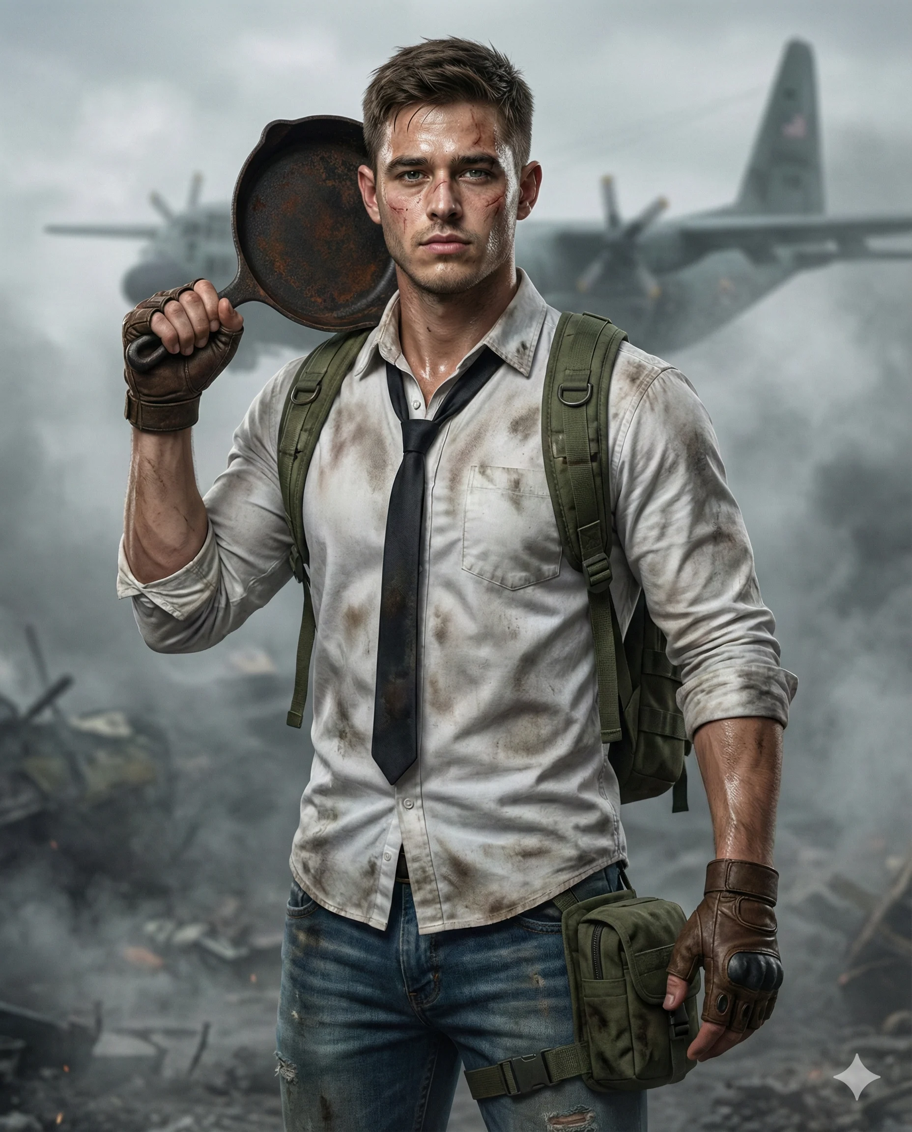 Battle-worn man carrying a frying pan over his shoulder in a smoky battlefield