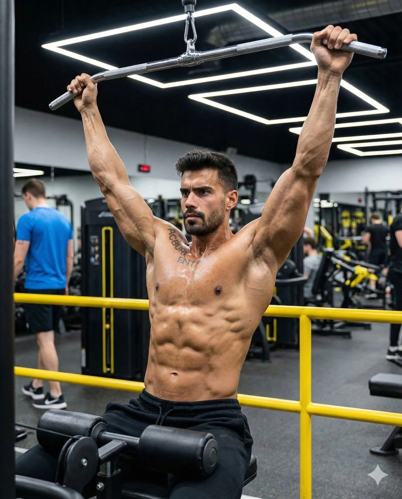 Shirtless athletic man performing a wide-grip lat pulldown in a modern gym