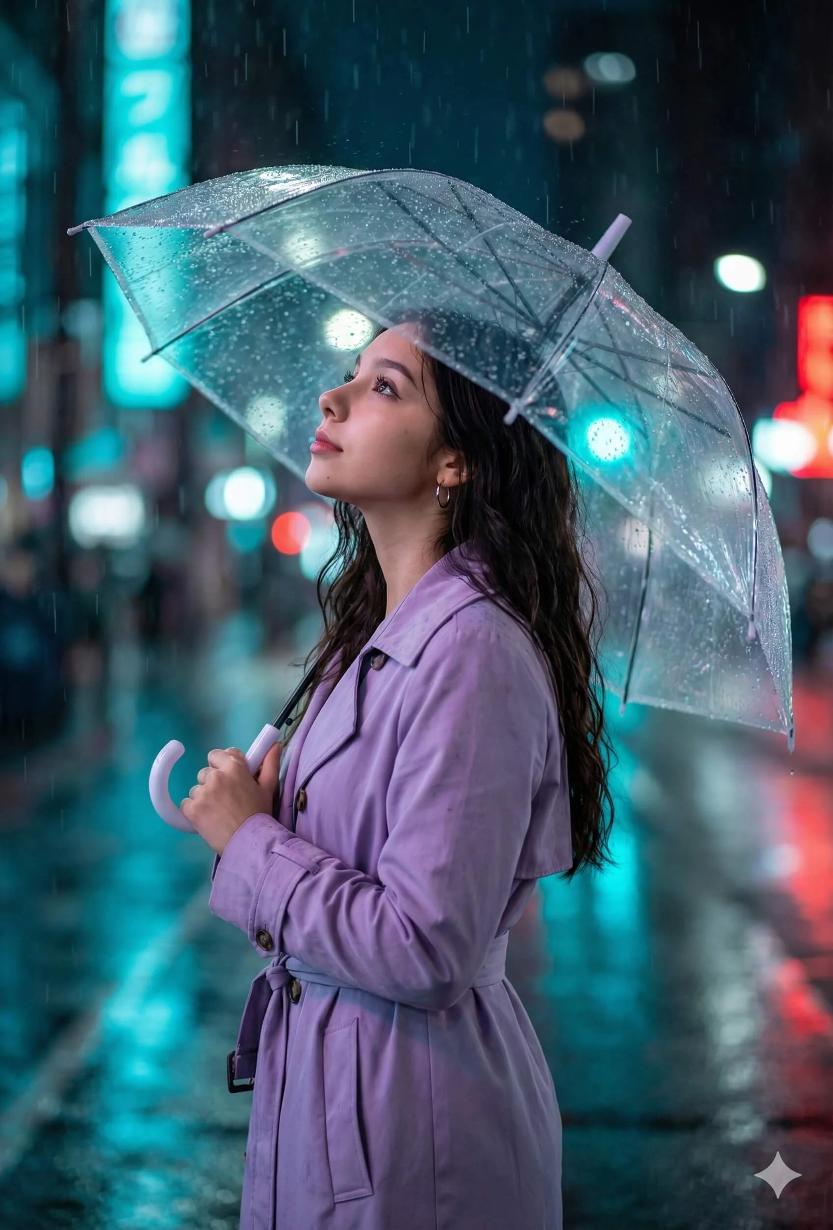 Woman in a lavender coat holding a clear umbrella on a neon-lit rainy night
