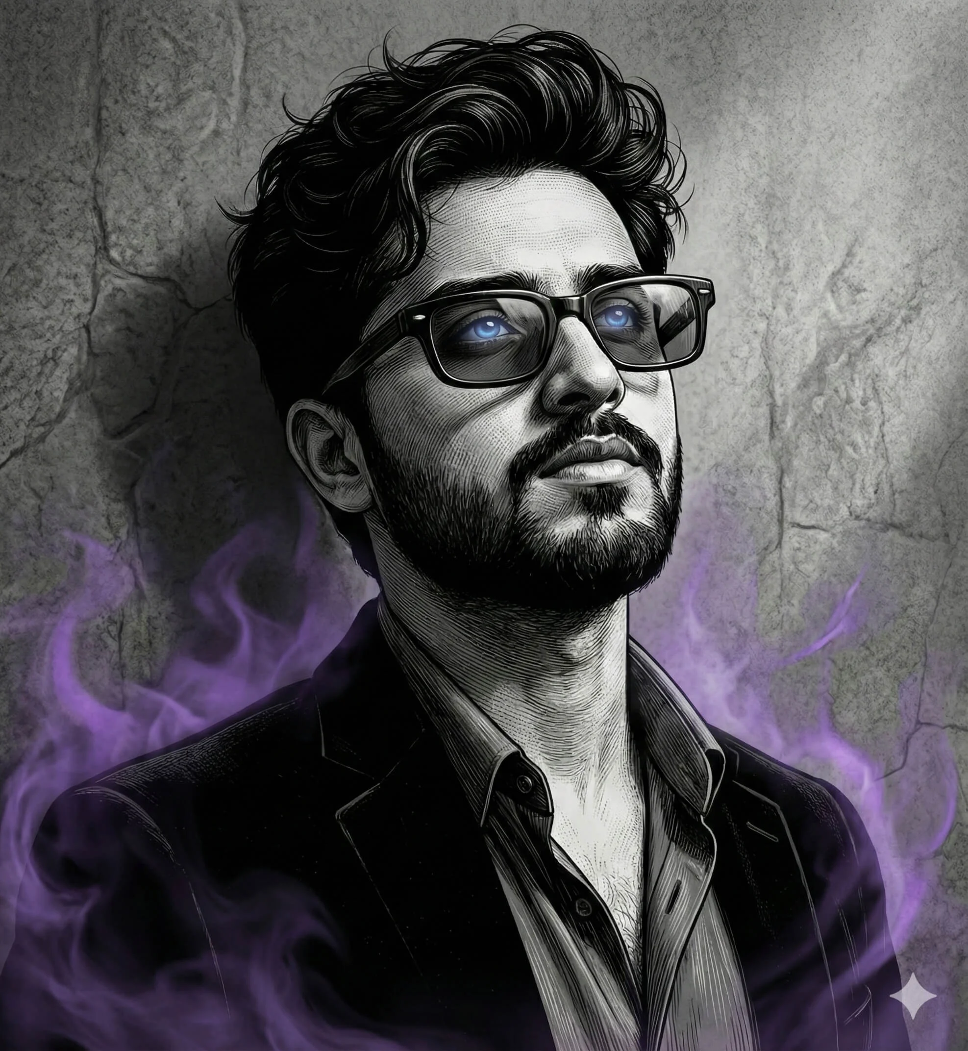 Bearded man in clear glasses surrounded by purple smoke in a monochrome portrait