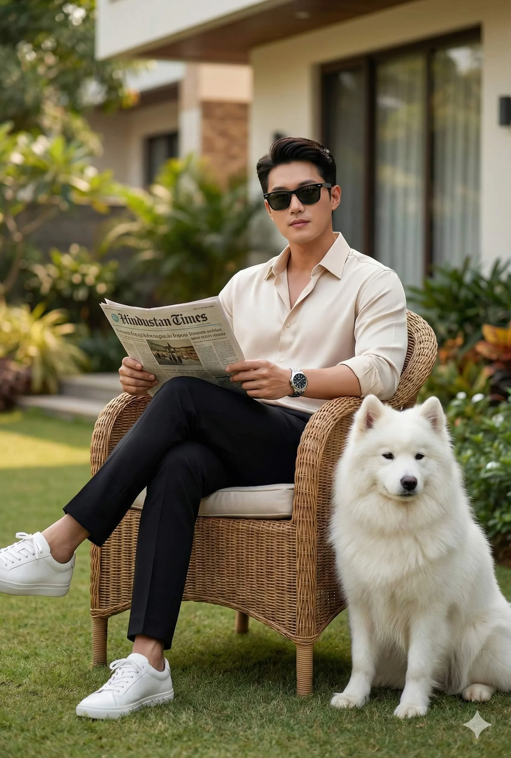 Stylish man reading a newspaper in a garden beside a white Samoyed dog