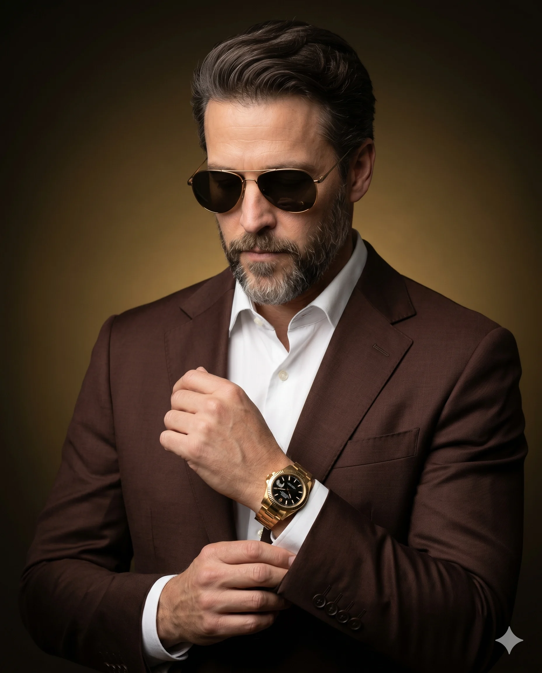Man in a brown suit and sunglasses adjusting a gold wristwatch