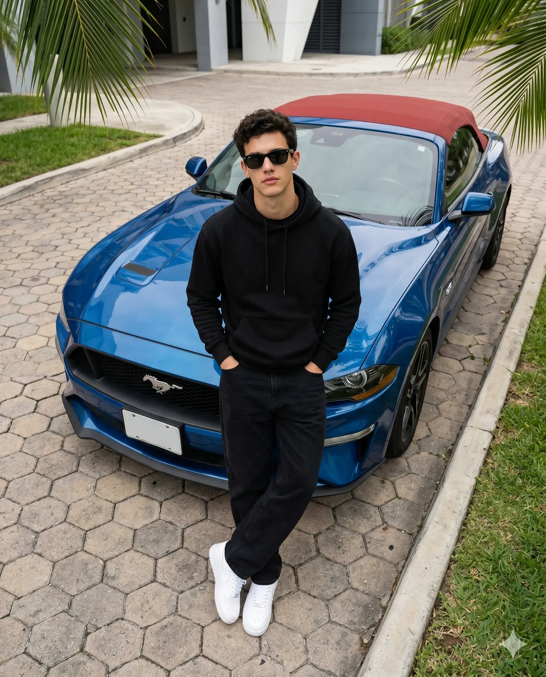 Man in black streetwear leaning against a blue convertible sports car