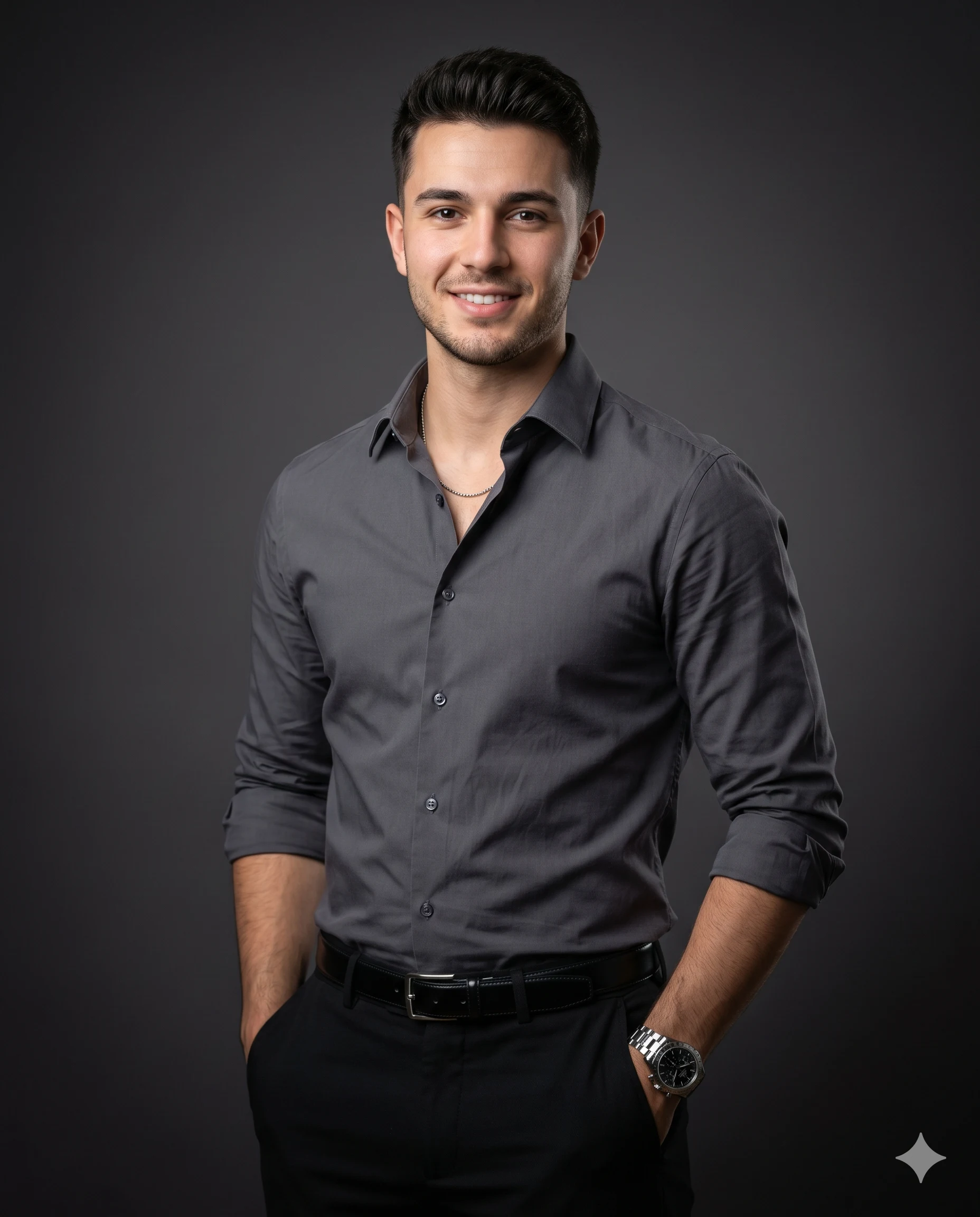 Confident man in a charcoal shirt standing against a dark grey studio background