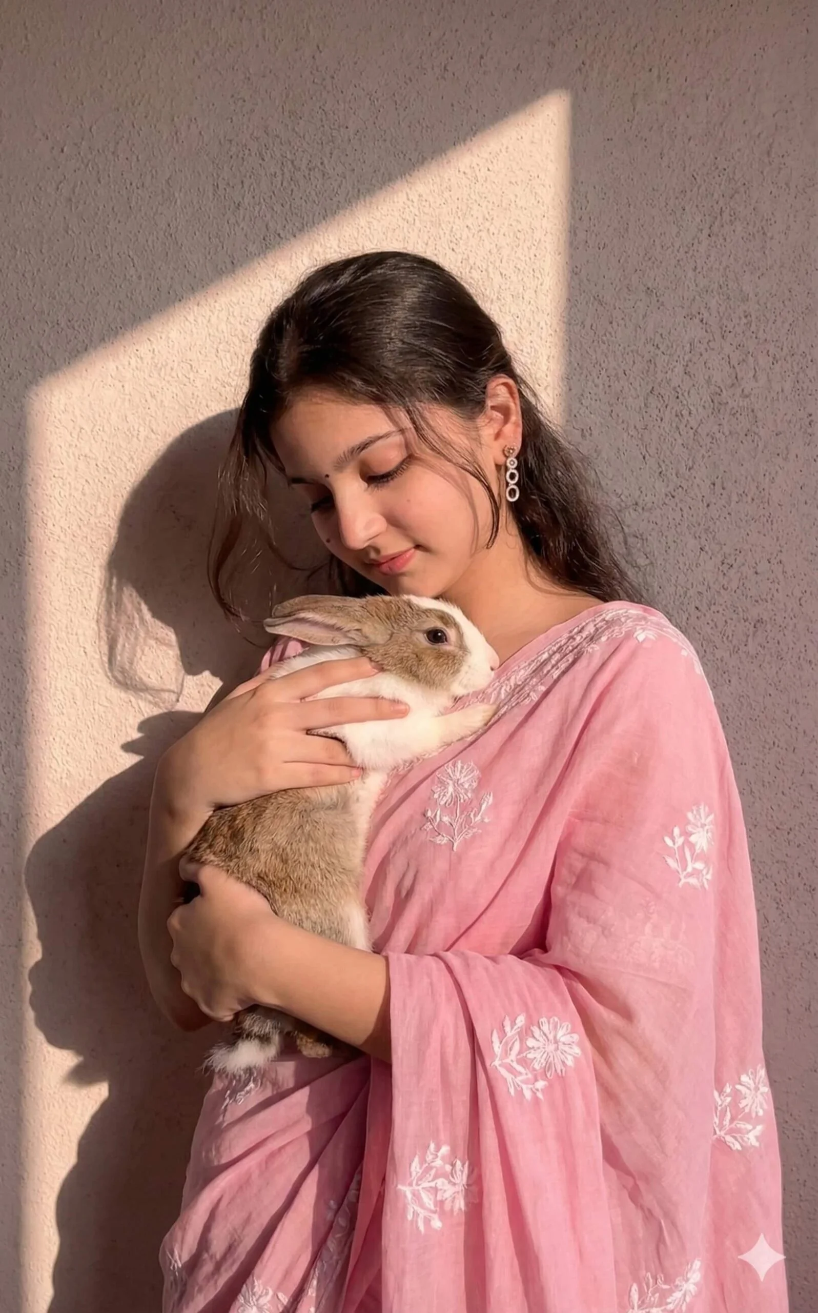 Woman in a pink saree gently holding a small rabbit against a sunlit wall