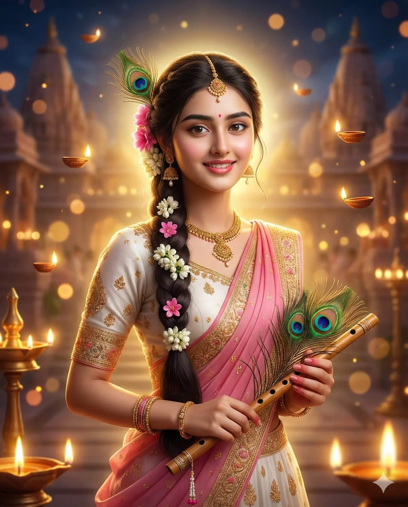 Woman in ornate pink and gold attire holding a flute before glowing temple lamps