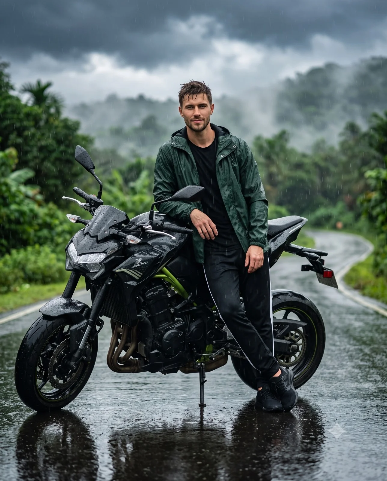 Man leaning on a black motorcycle on a rain-soaked road surrounded by greenery