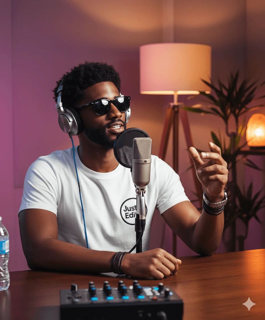 Male podcaster wearing sunglasses and headphones beside a vintage microphone in a colorful studio