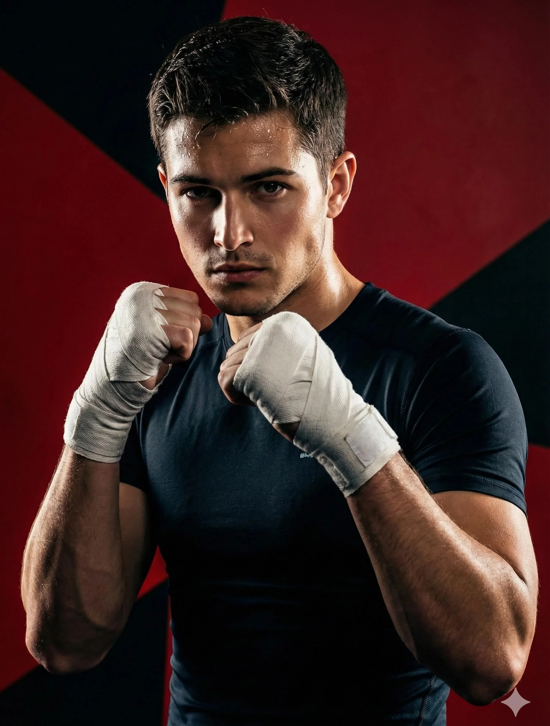 Young male boxer in a dark shirt holding white-wrapped fists in a guarded stance