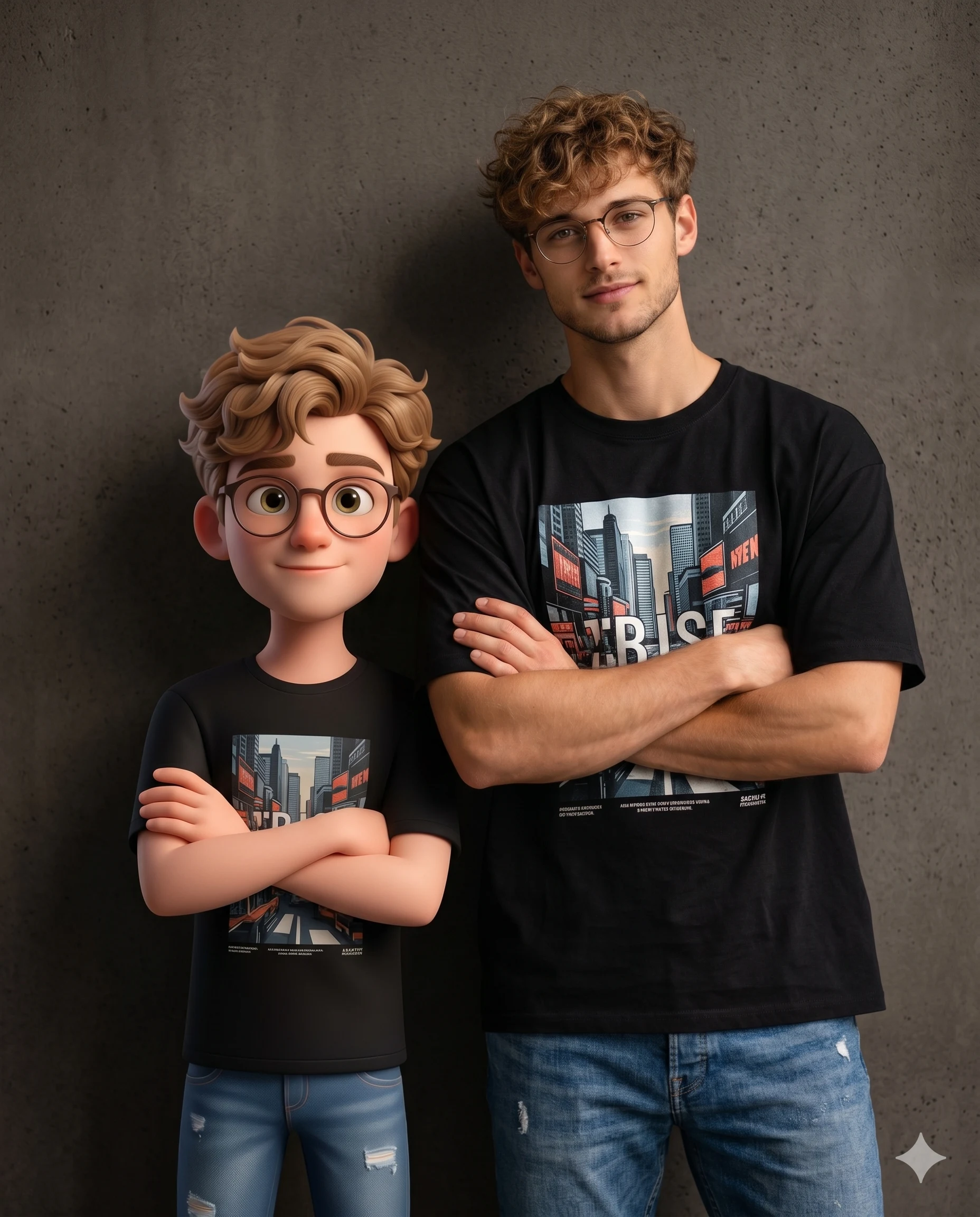Real man standing with arms crossed beside a smaller 3D cartoon version of himself