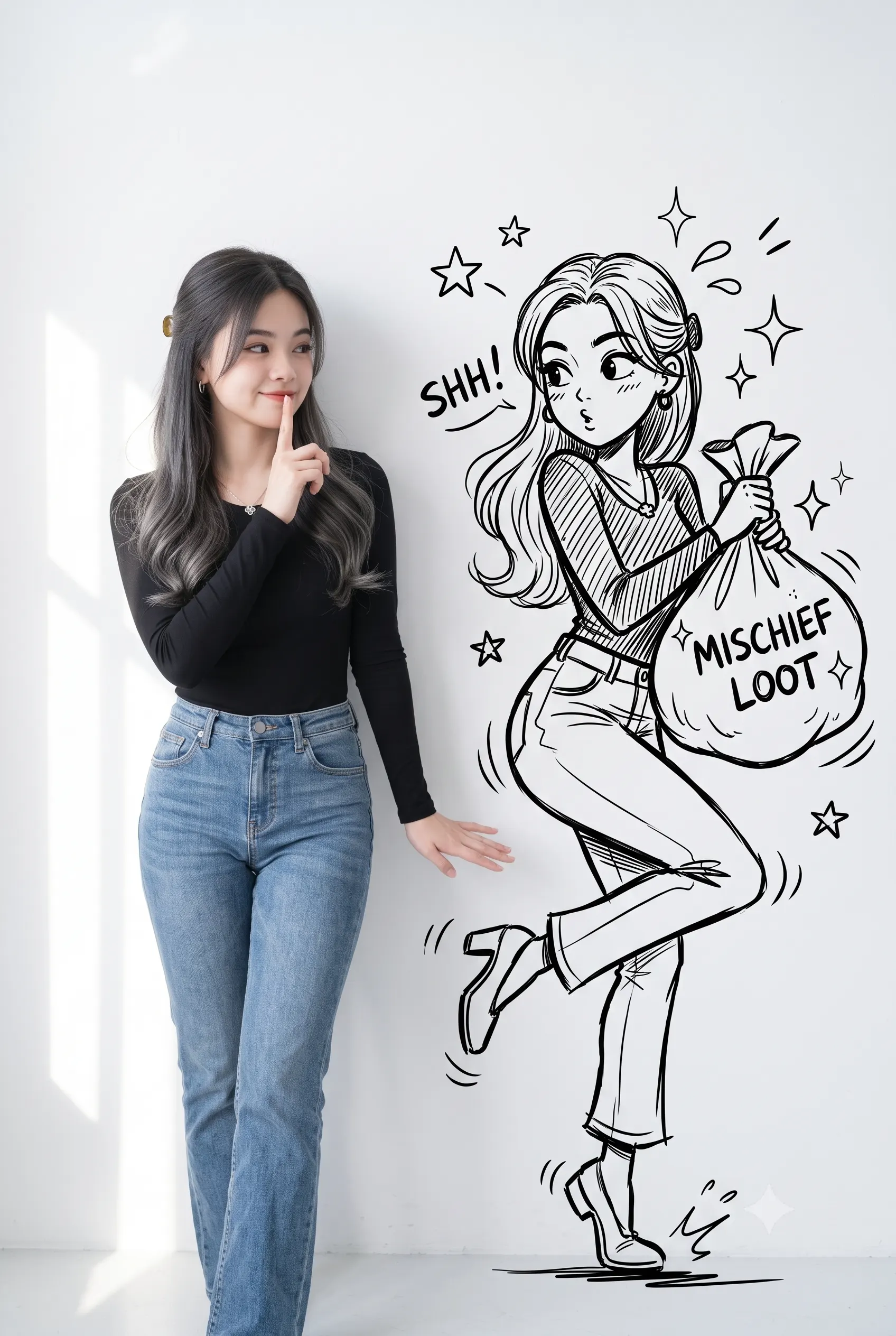 Woman posing beside a playful black line-art doodle character drawn on a white wall
