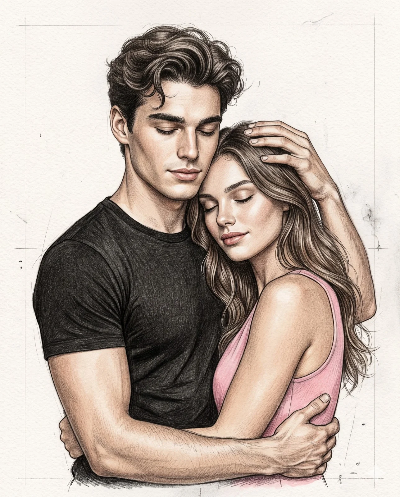 Colored-pencil drawing of a man embracing a woman with both of their eyes closed