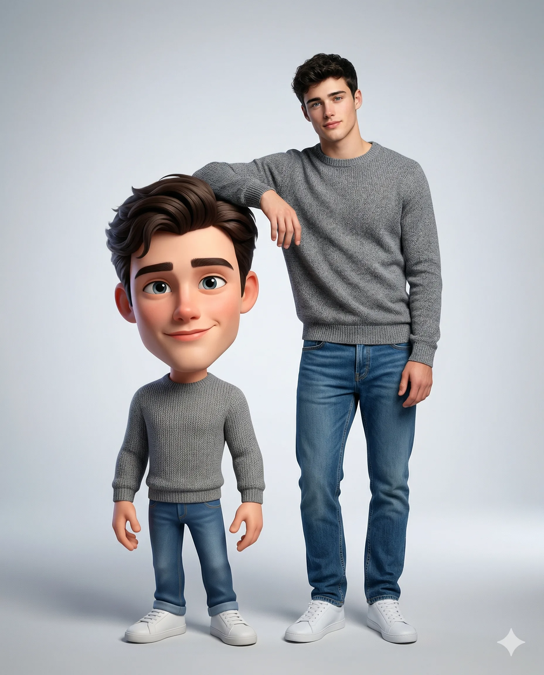 Man resting an elbow on a smaller 3D caricature avatar in matching casual clothes