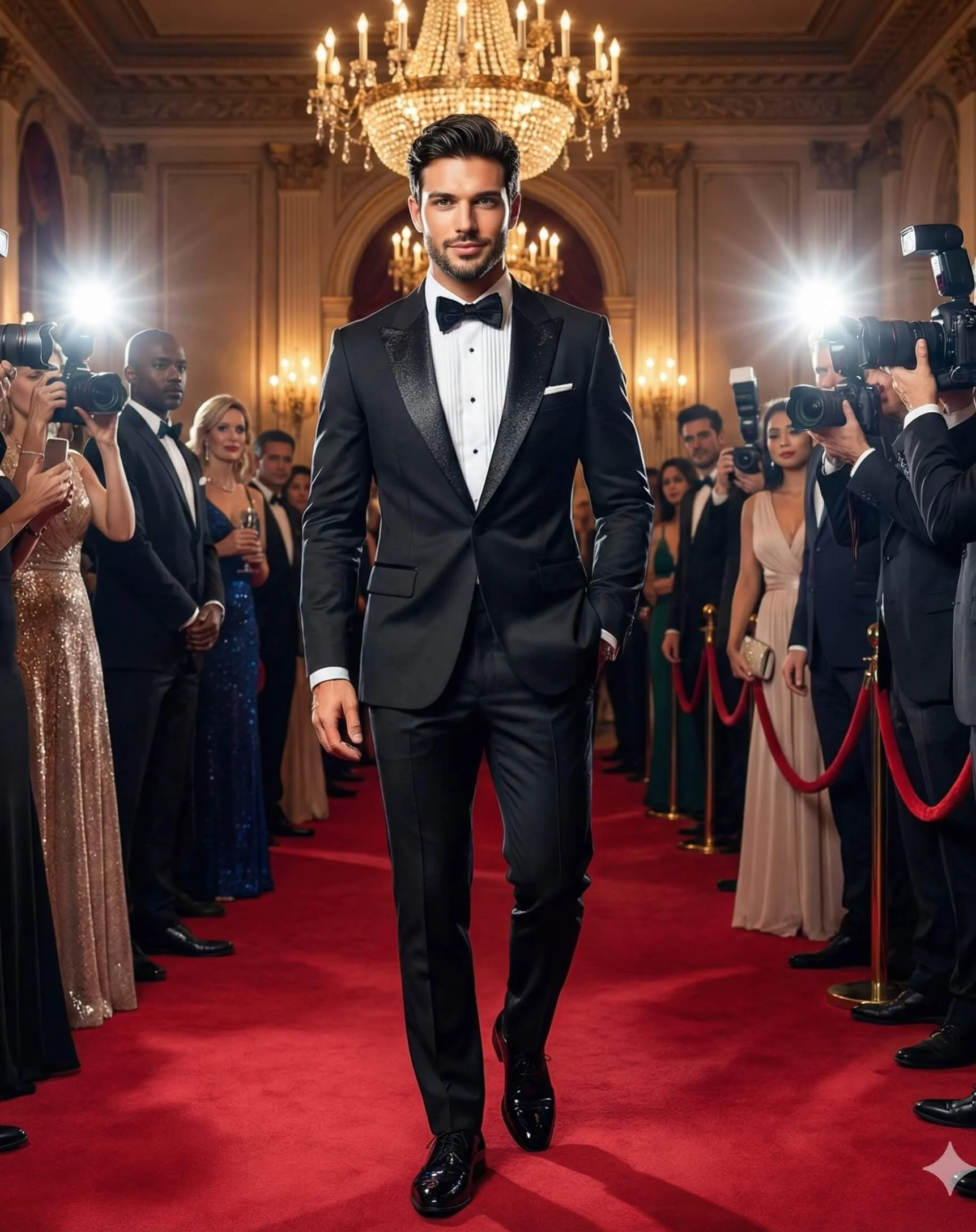 Man in a black tuxedo walking down a red carpet through a grand ballroom