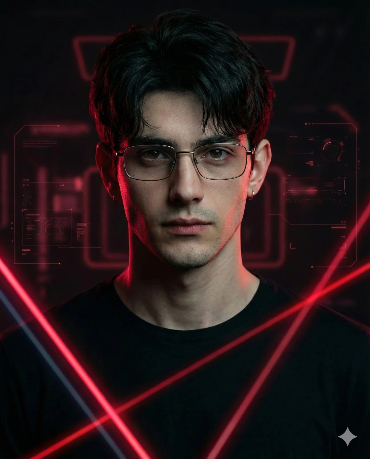 Young man in glasses surrounded by red neon lines against a dark cyberpunk background