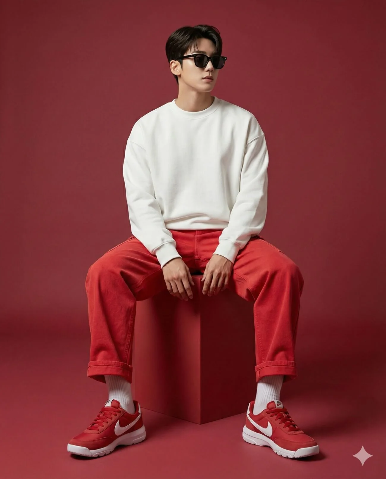 Man in a white sweatshirt and red trousers seated on a red cube against a red background