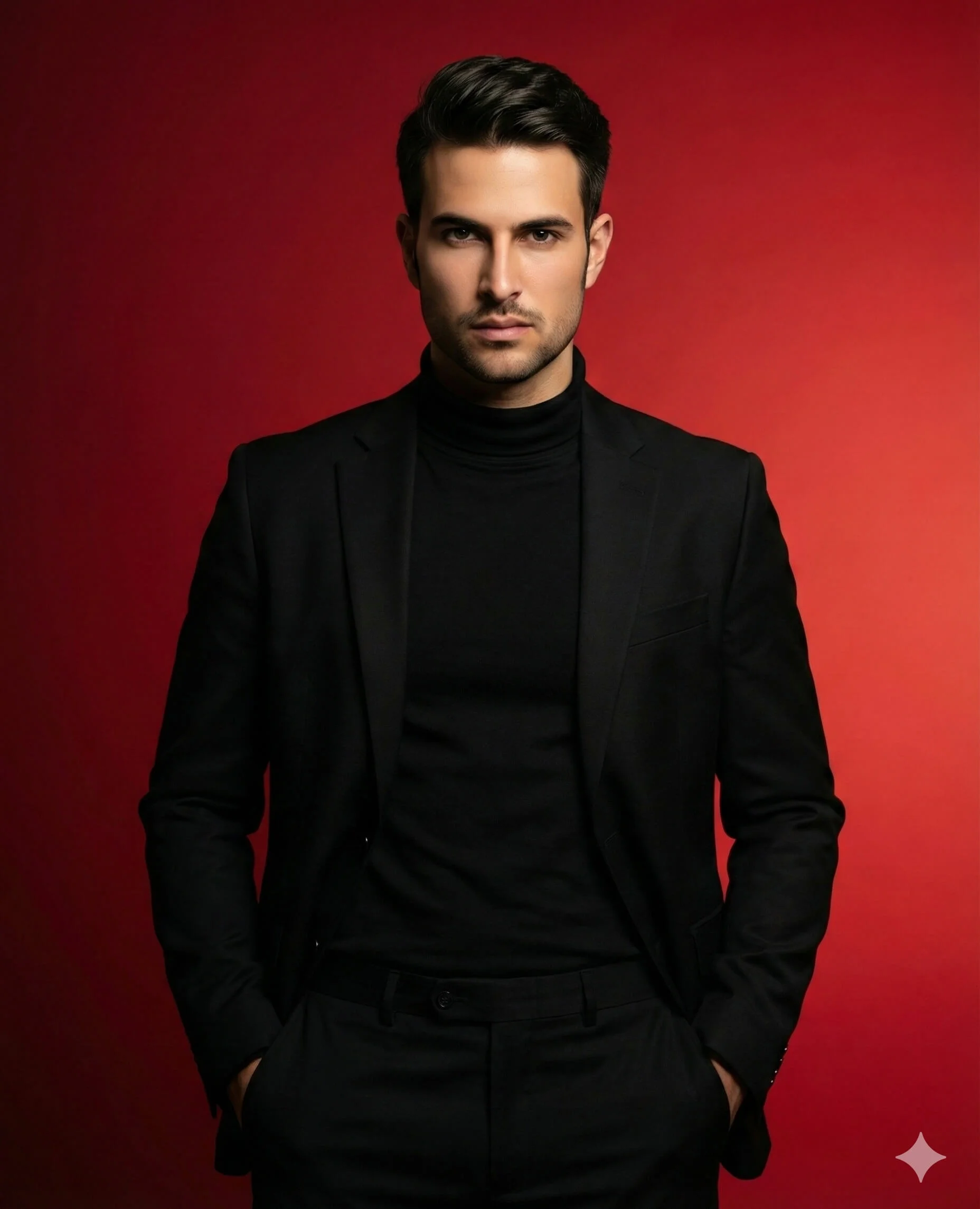 Man wearing a black suit and turtleneck standing against a red studio background