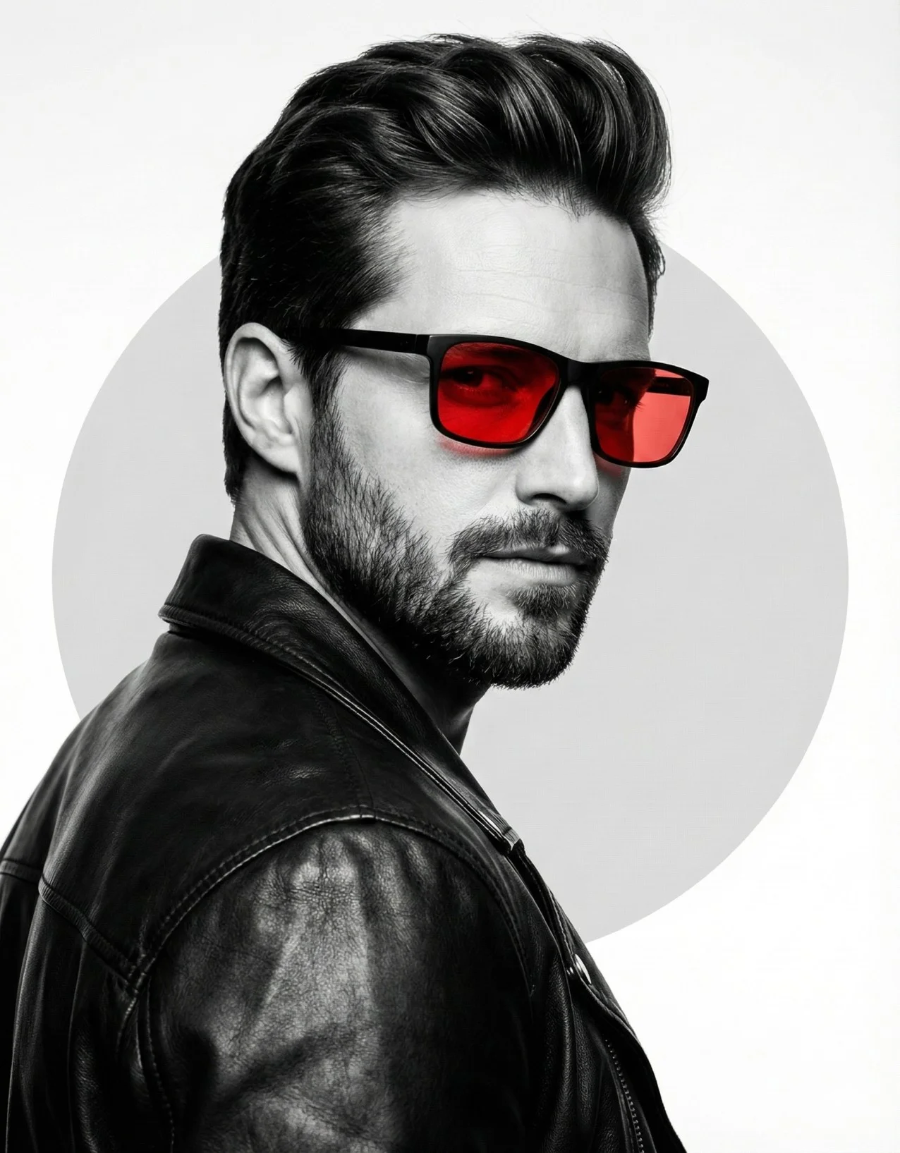 Black-and-white portrait of a man in a leather jacket wearing red-lensed sunglasses