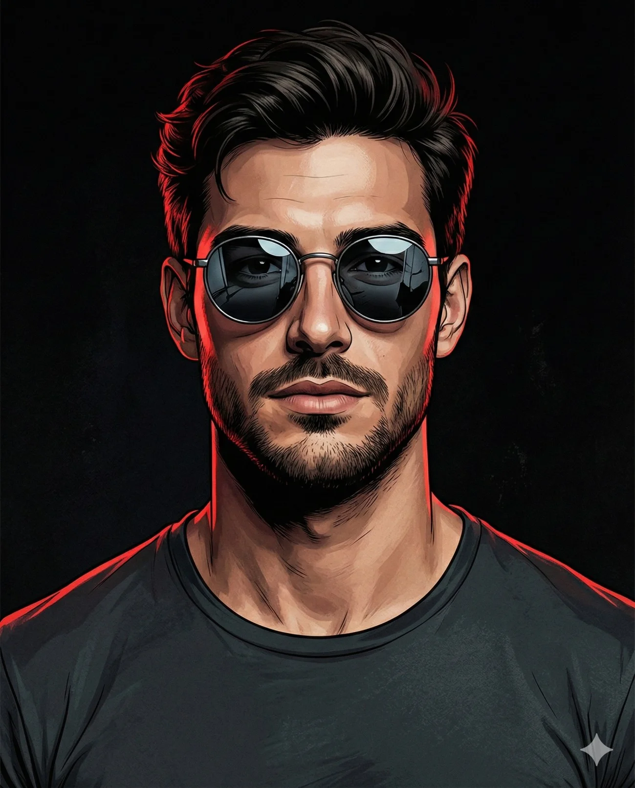 Illustrated man wearing round reflective sunglasses with red rim light on a black background