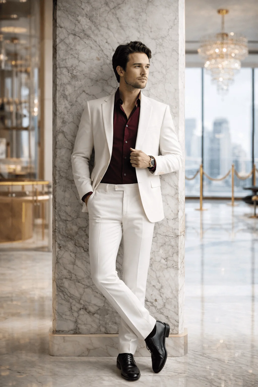 Man in a white suit and maroon shirt leaning against a marble column in a luxury lobby