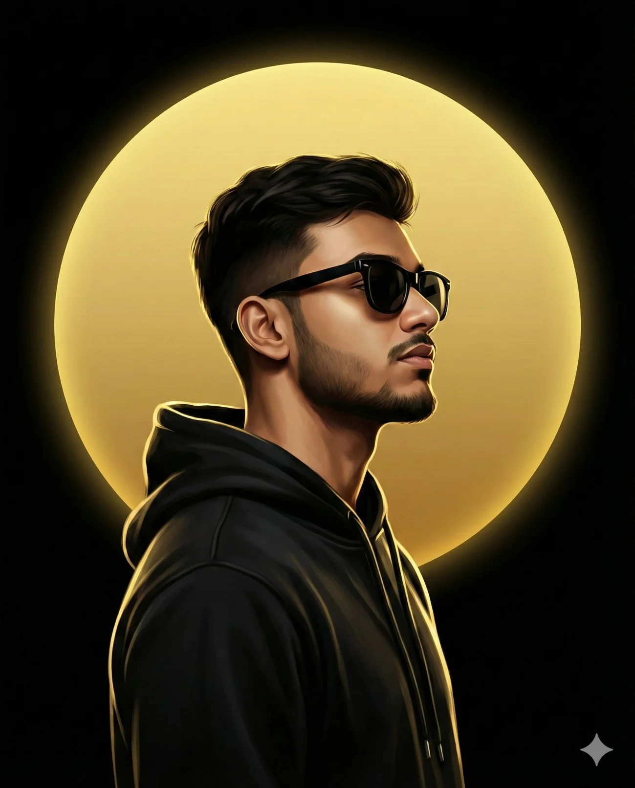 Side profile of a man in a black hoodie and sunglasses before a glowing gold circle