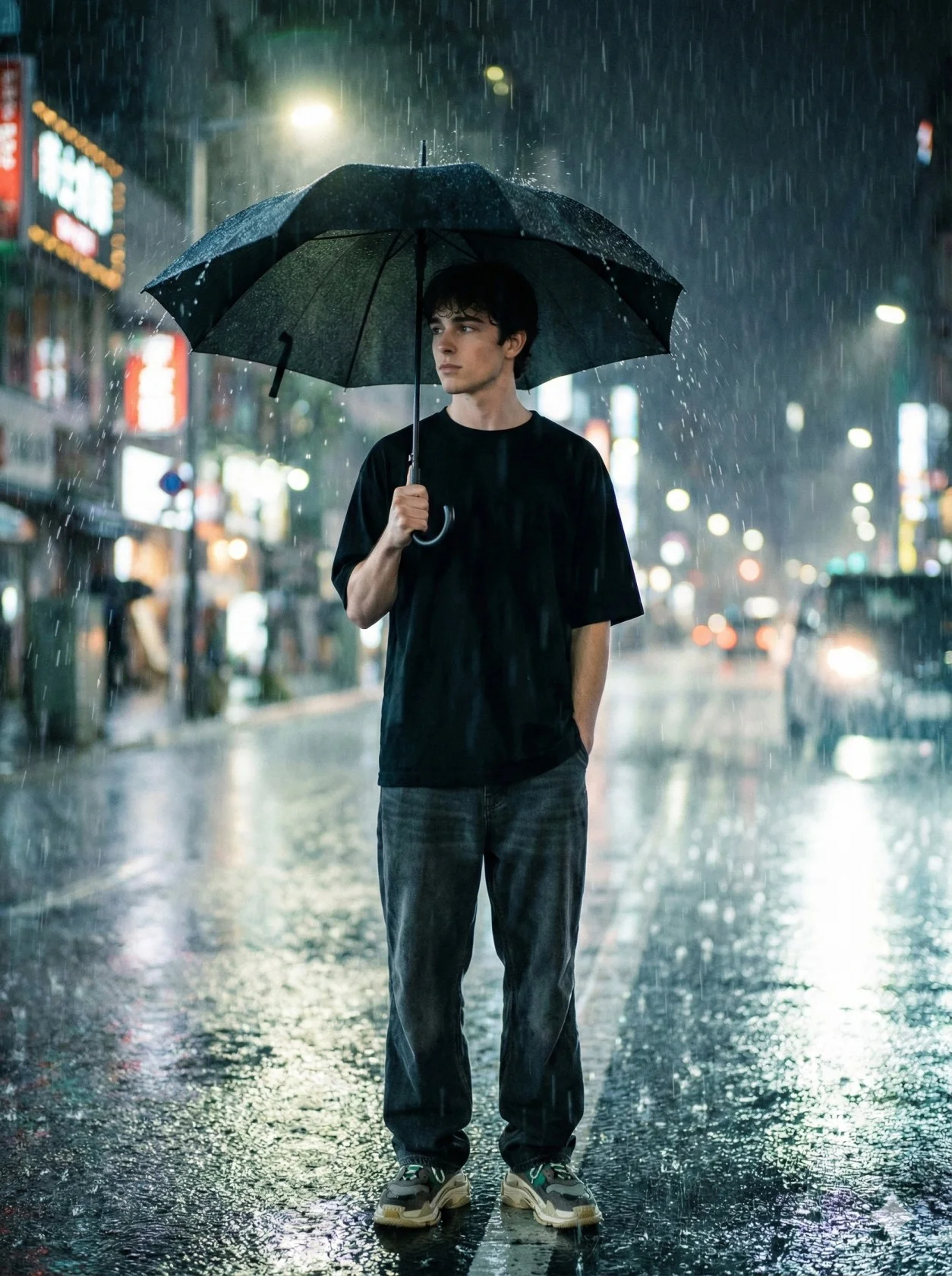 Young man holding a black umbrella on a rain-soaked city street at night