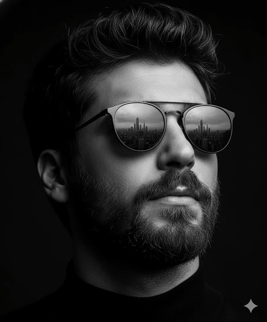 Black-and-white close-up of a man with a city skyline reflected in round sunglasses