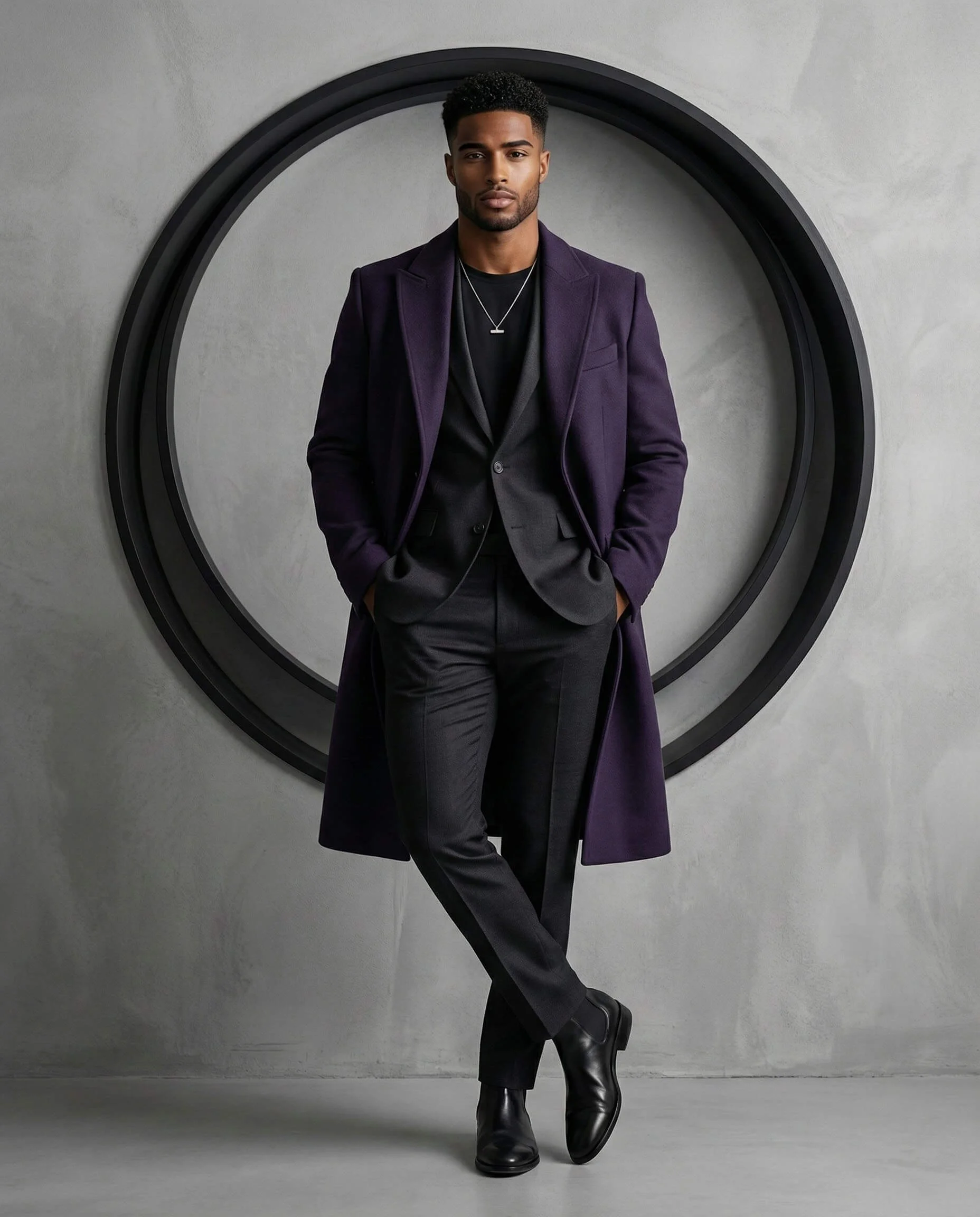Man in a long violet overcoat standing before a large black circular frame