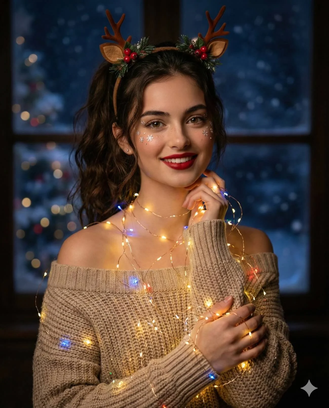 Smiling woman wearing reindeer antlers and wrapped in glowing multicolored fairy lights