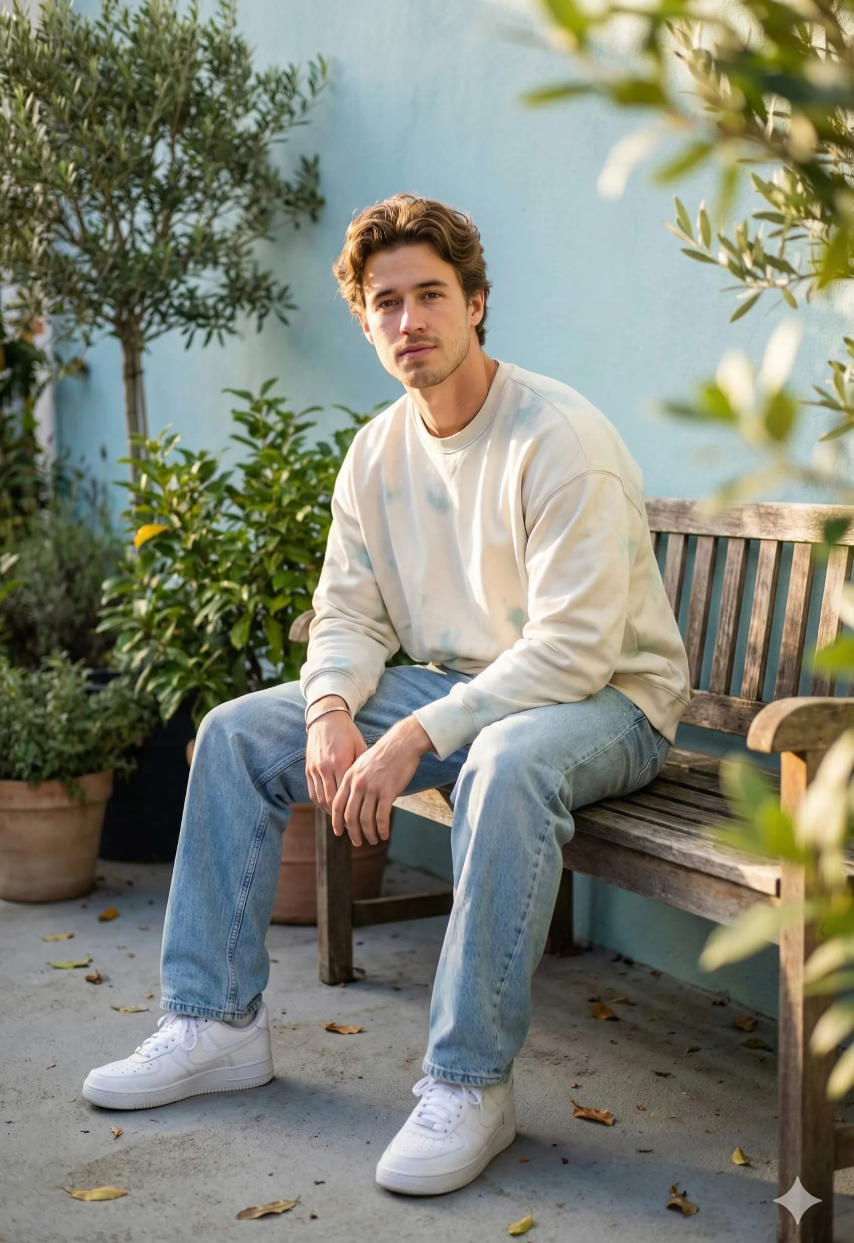 Young man in light casual clothes sitting on a wooden bench beside a blue garden wall