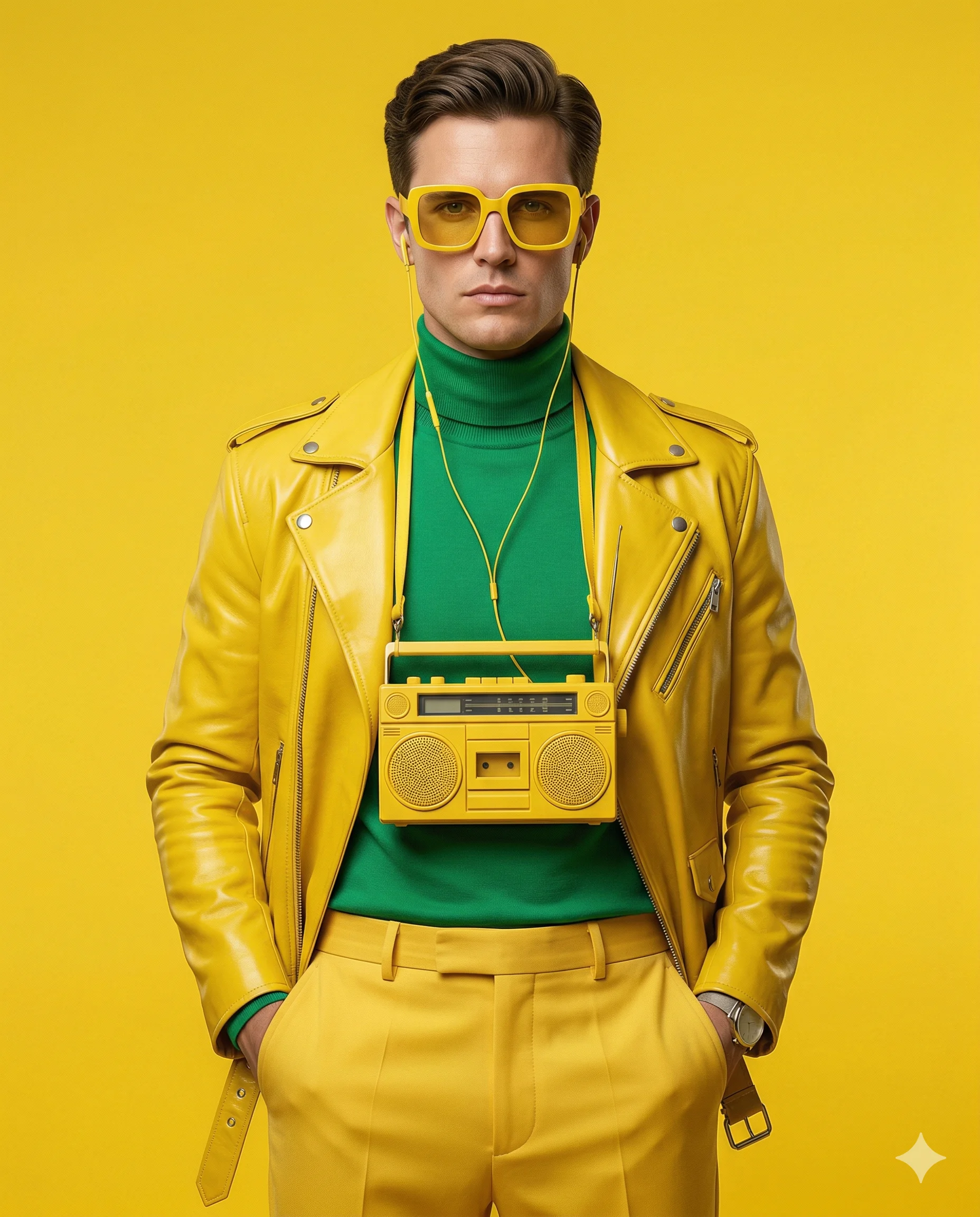 Man in yellow fashion and green turtleneck wearing a yellow retro radio around his neck