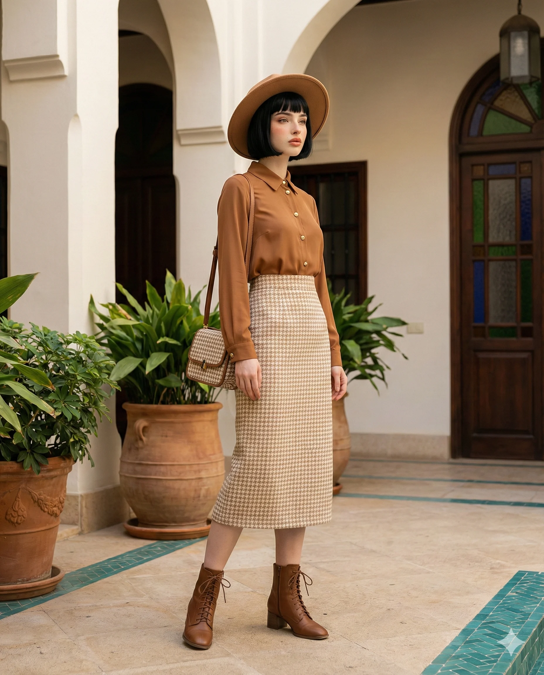Woman wearing a brown blouse, houndstooth skirt, and fedora in a Mediterranean courtyard