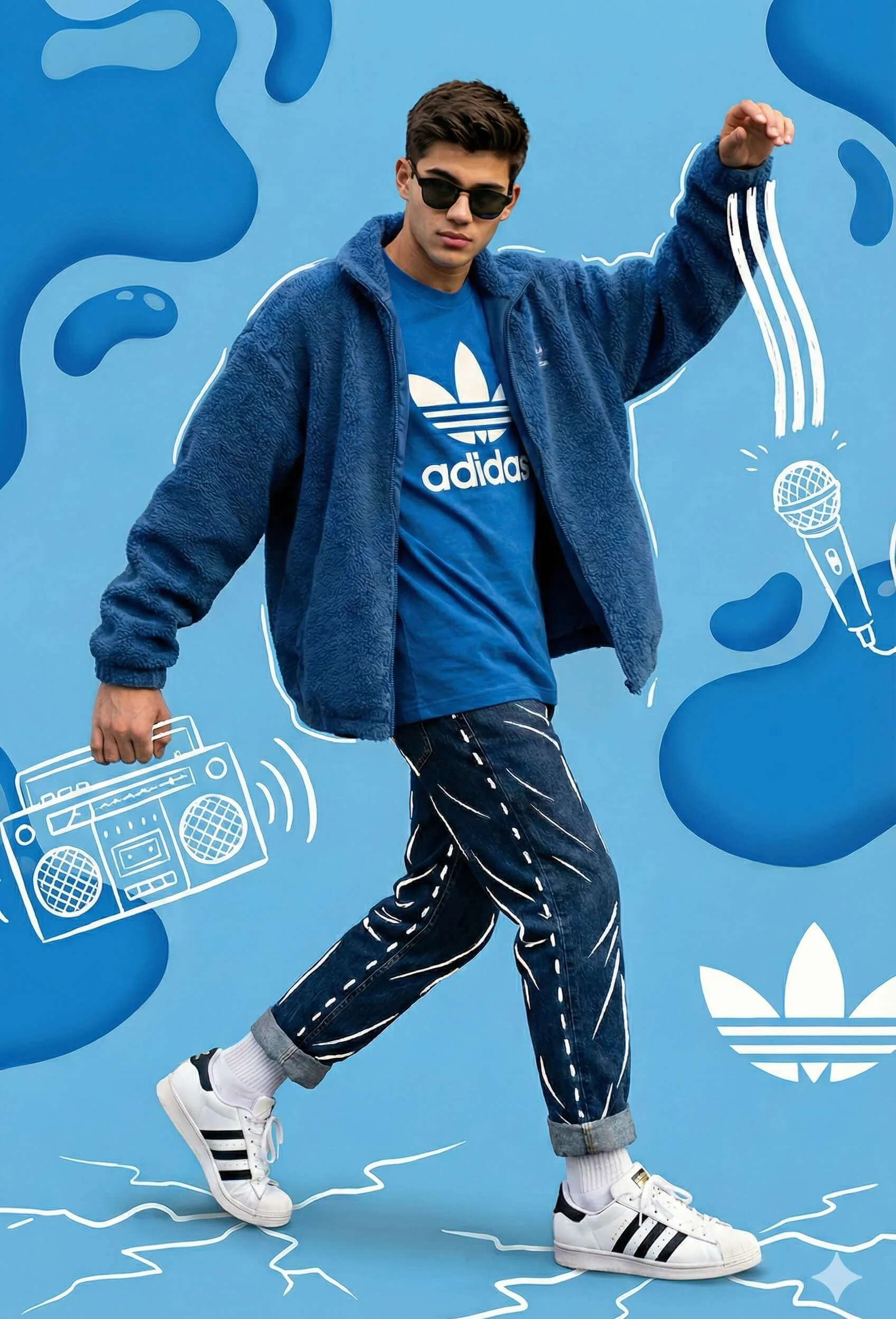 Man in blue Adidas streetwear surrounded by white microphone and boombox doodles