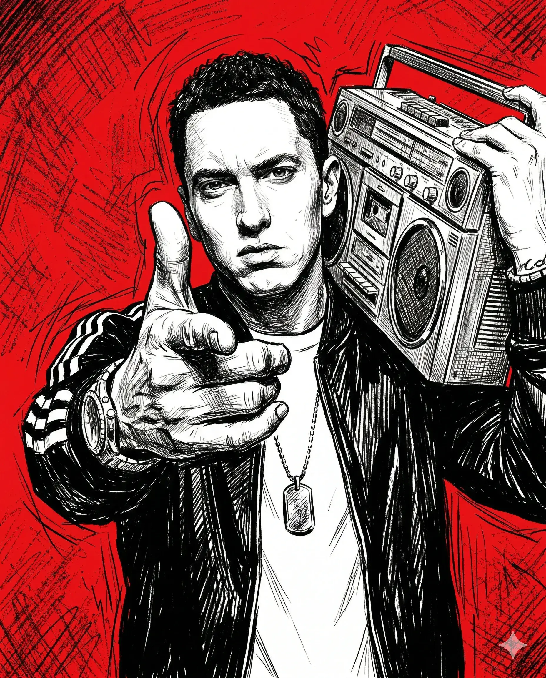 Red-and-black sketch illustration of a rapper pointing forward with a boombox on his shoulder