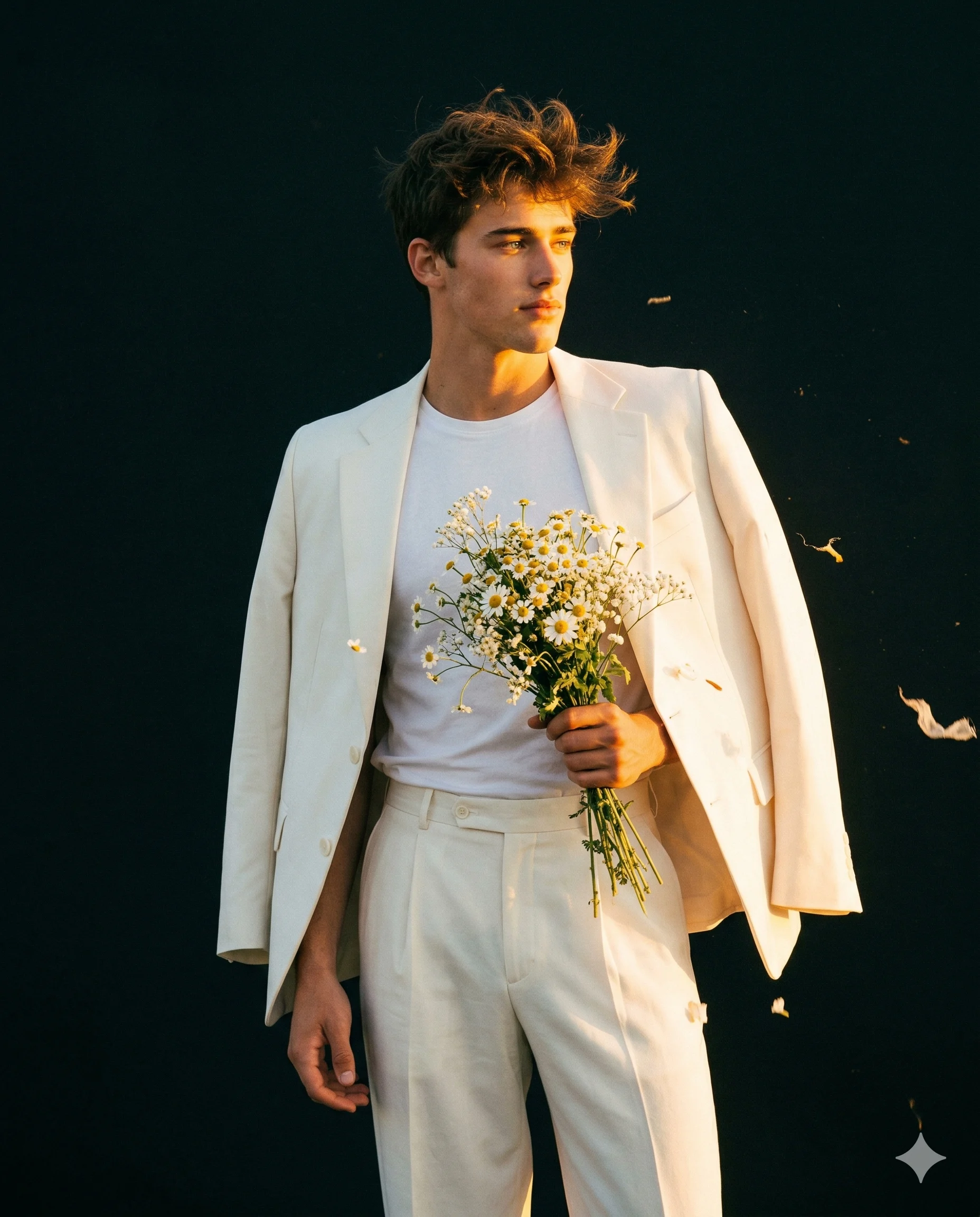 Man in a cream suit holding a small bouquet of white and yellow flowers