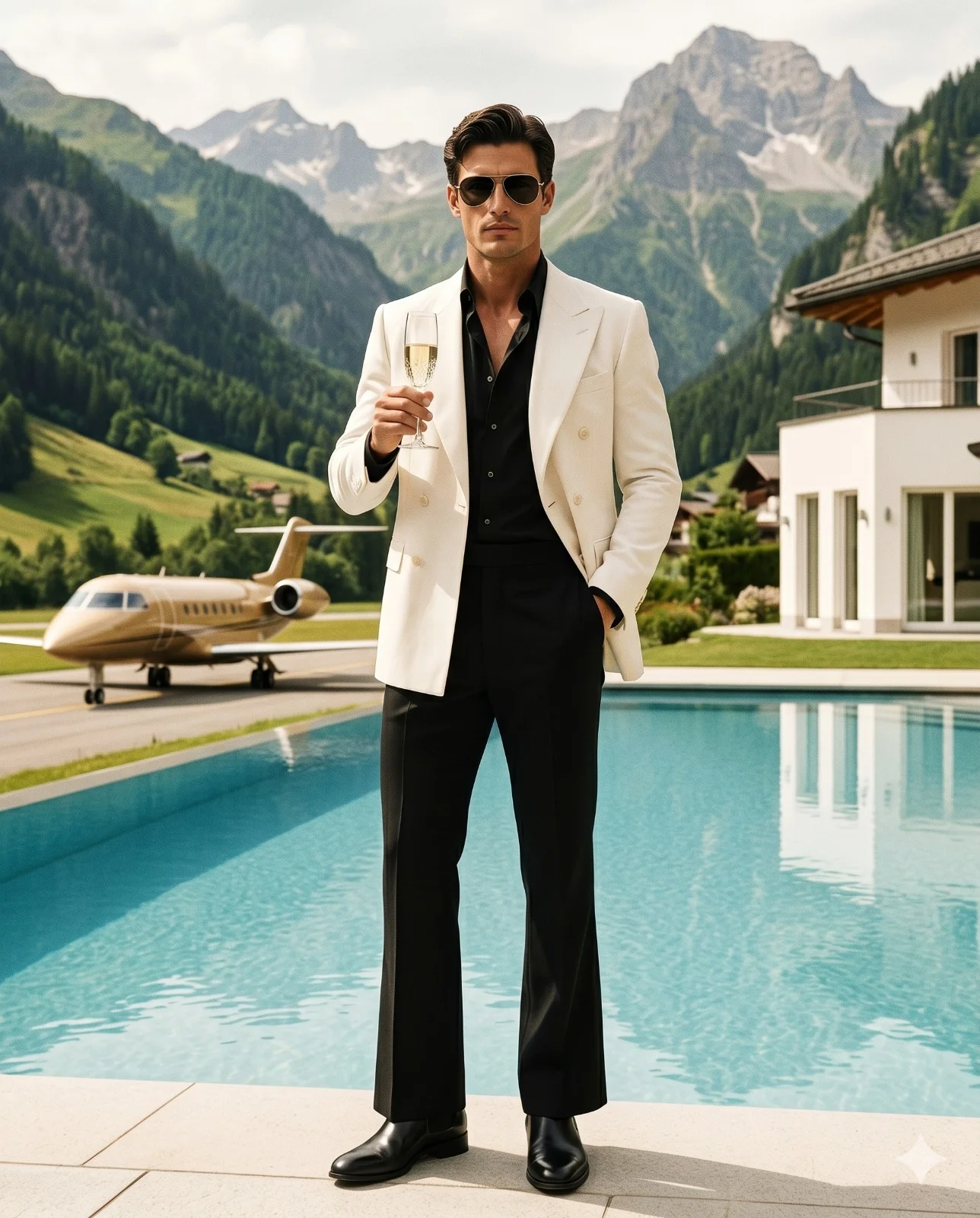 Man in a white blazer standing by an infinity pool with mountains and a private jet