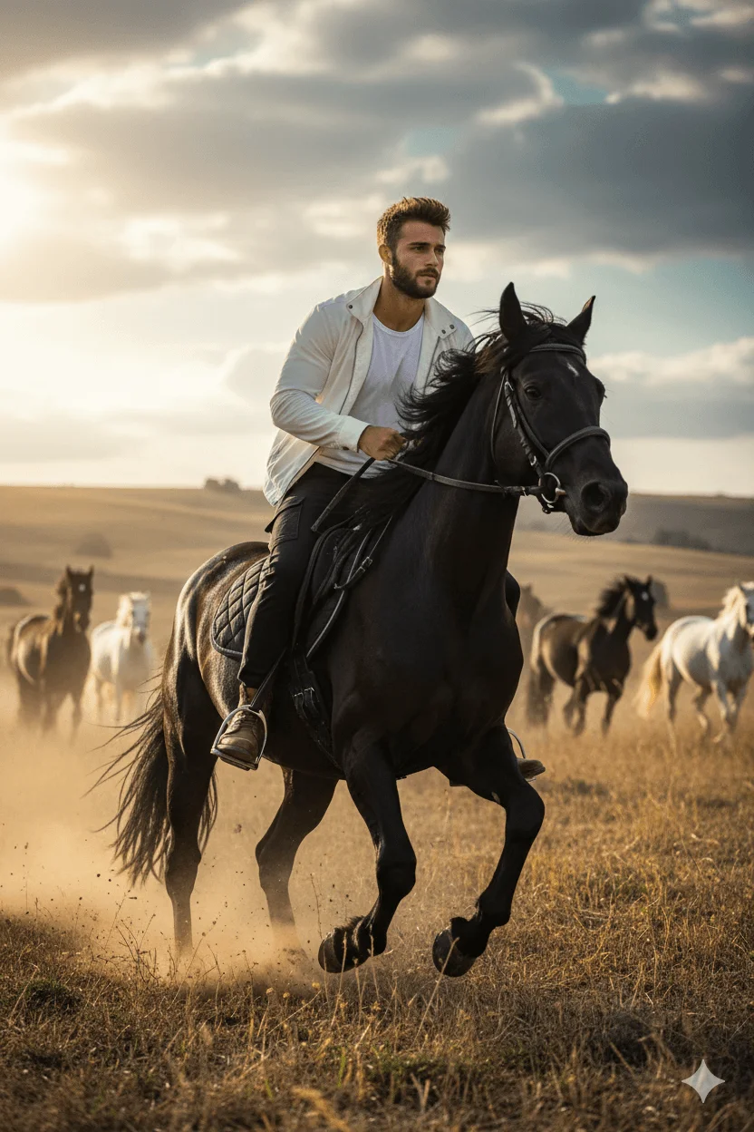 Man in a white jacket riding a black horse through open hill fields