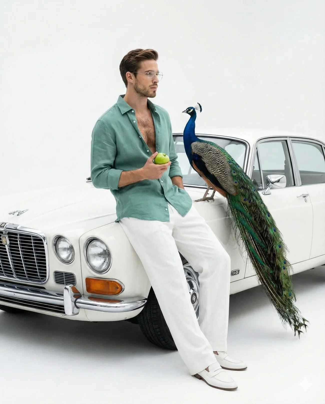 Man in a teal shirt posing beside a vintage white car with a peacock on the hood