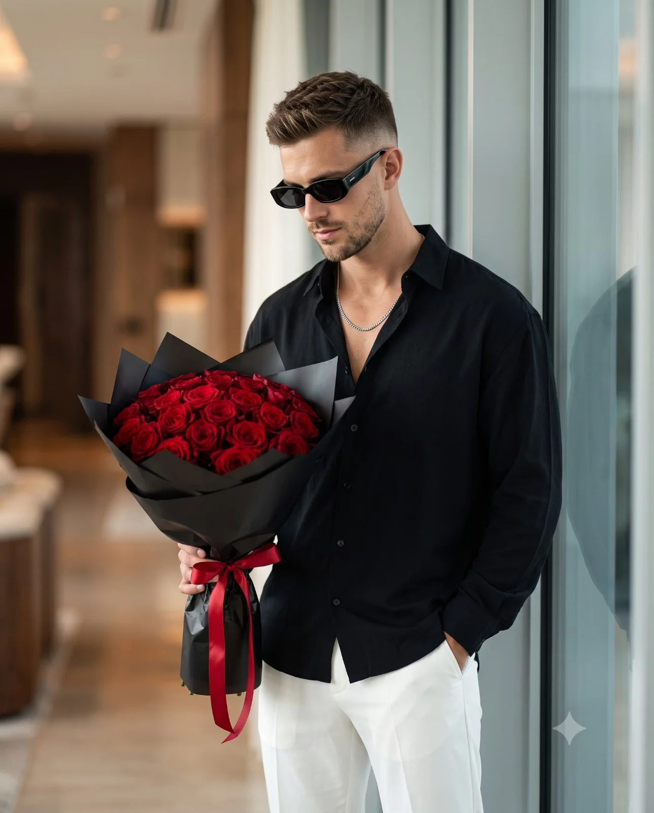 Man in black sunglasses holding a bouquet of red roses beside a large window