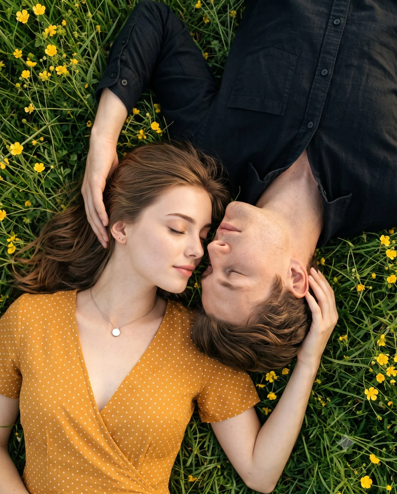 Couple lying head-to-head in green grass dotted with yellow flowers