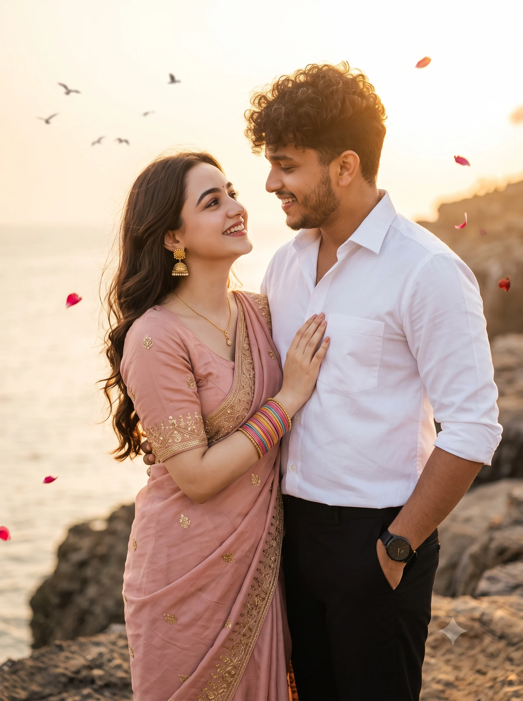 Couple embracing at sunset with the woman in a blush-pink saree