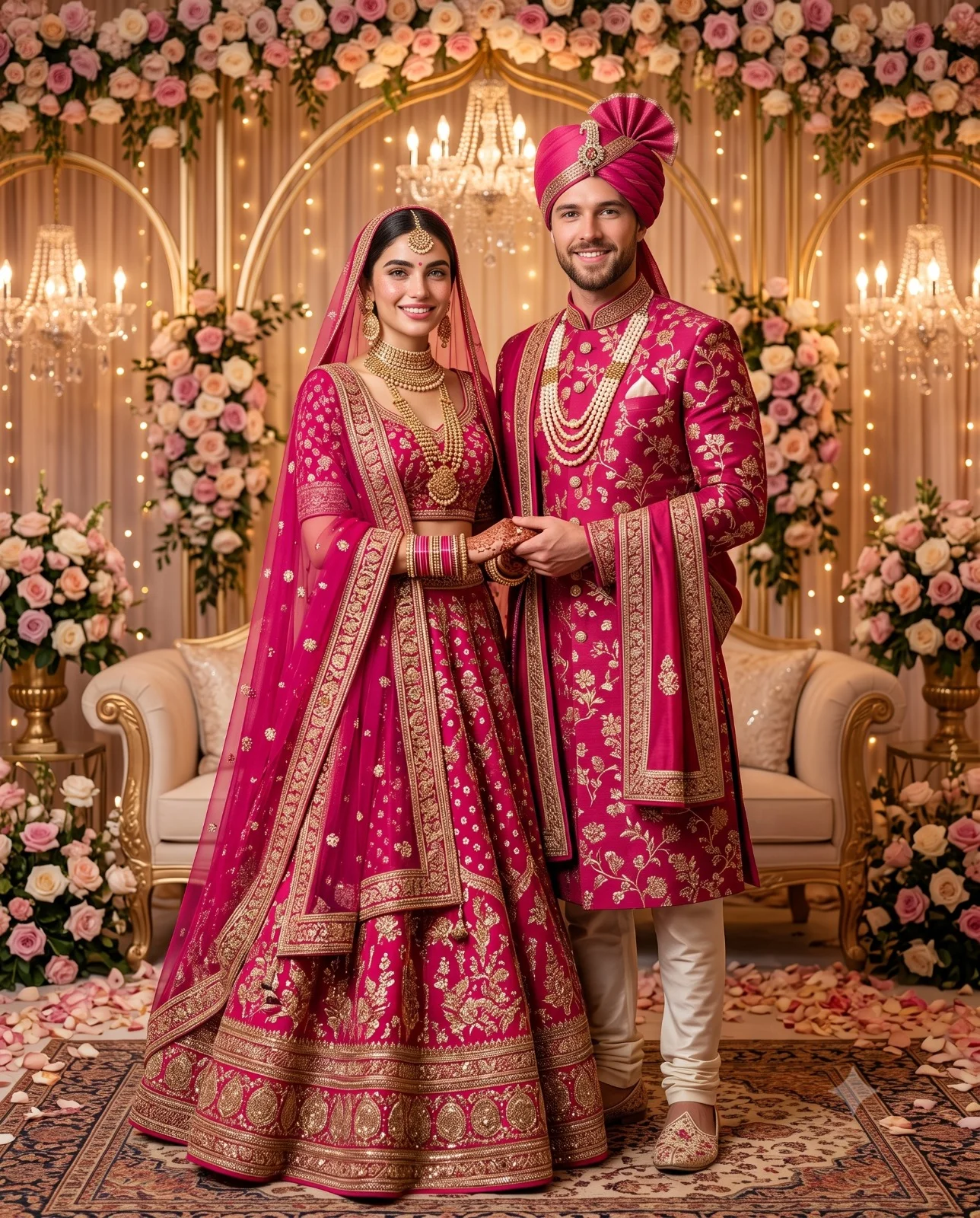 Indian wedding couple in matching pink attire on an ornate floral stage