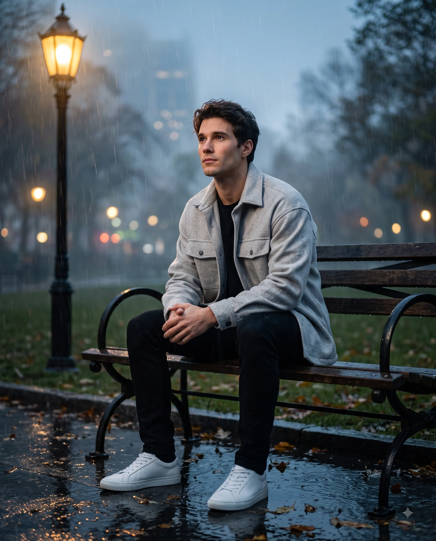 Man in a grey jacket sitting on a wet park bench beside a glowing street lamp